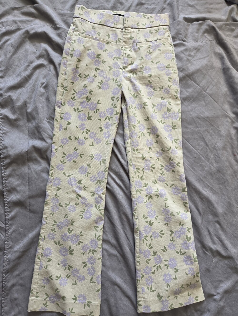 Zara - Butter Yellow Flared Pants With Purple Floral Design
